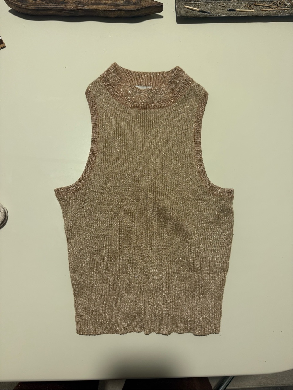 Topshop Metallic Ribbed Mock Neck Tank - Beige